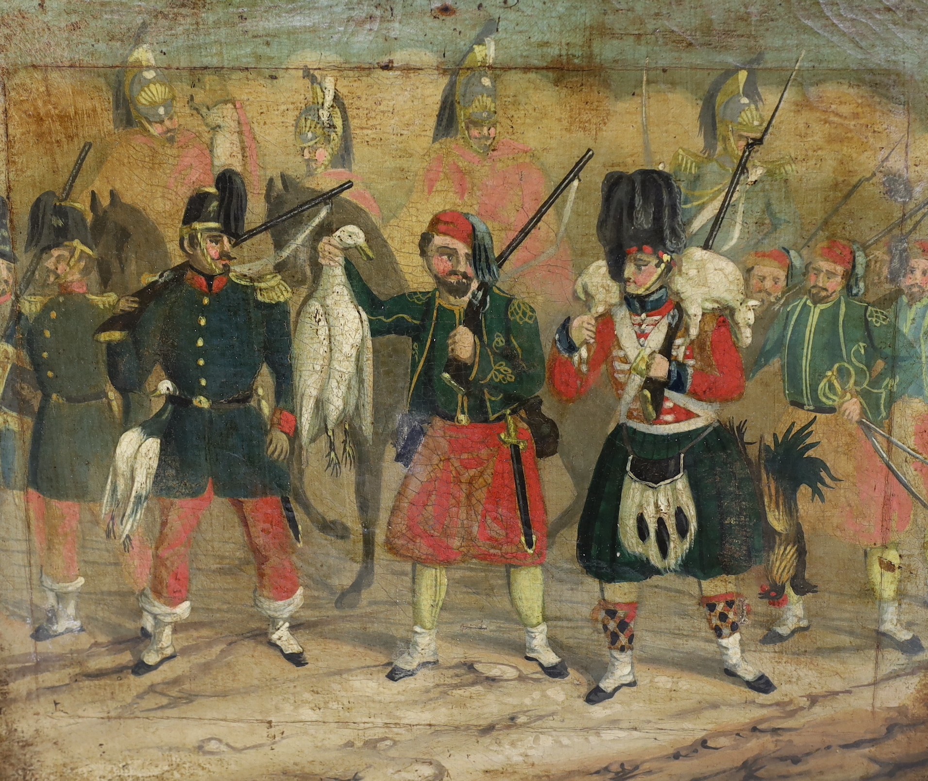 19th century English School, pair of overpainted prints on canvas, Scenes from the Crimea War, 33 x 40cm, unframed